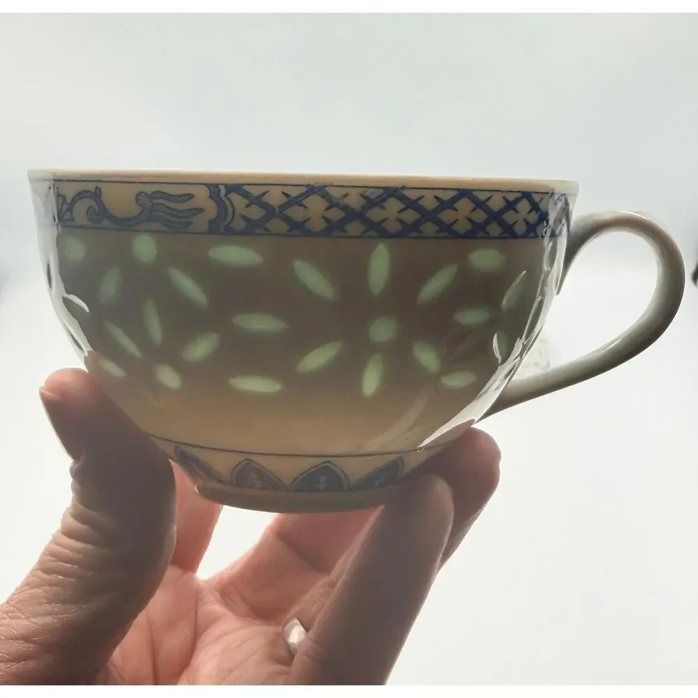 Jingdezhen Rice Eye Grain Cups & Saucer Blue & White Porcelain 4pc Set